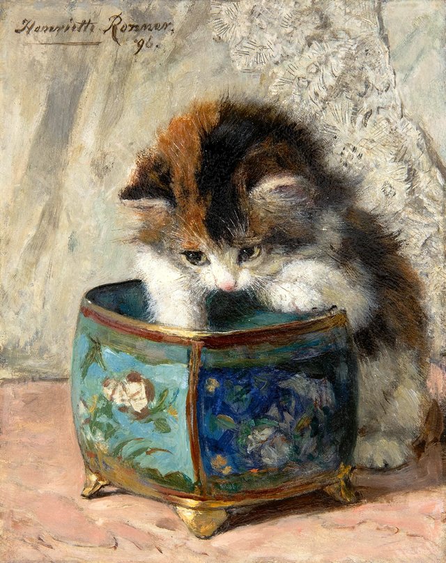 Kitten spelend met een sierpot by Henriëtte Ronner-Knip