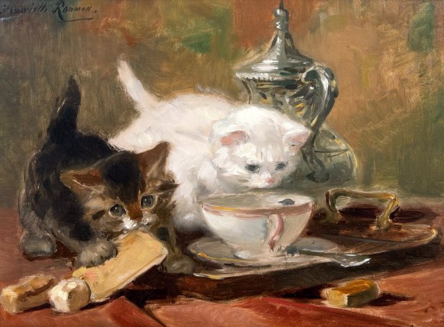 Kittens spelend op een theetafel by Henriëtte Ronner-Knip