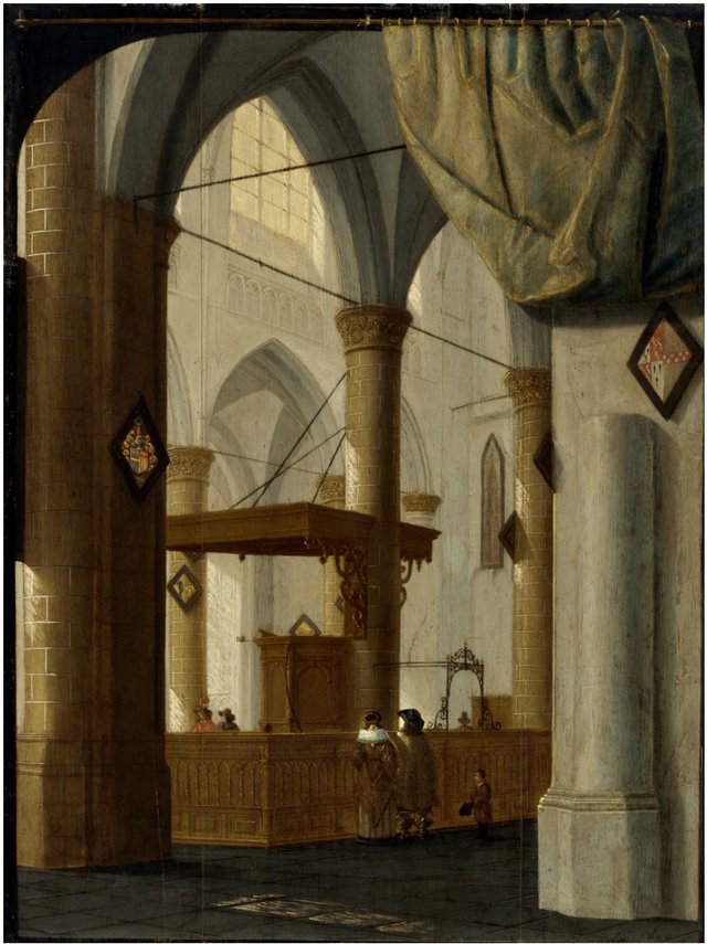 Interior of the Grote Kerk, Dordrecht with an elegant couple by Daniël de Blieck