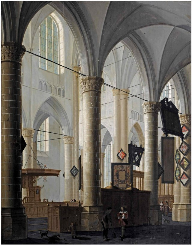 The interior of the Grote Kerk in Dordrecht, with figures conversing and children playing by Daniël de Blieck