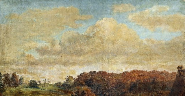 A woodland scene, in the foreground the roof of a house. by Dankvart Dreyer