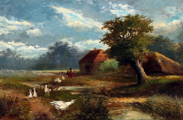 Landscape with two girls watching geese by David Cox
