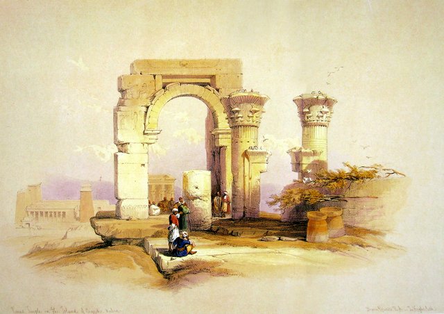 Part of the ruins of a temple on the Island of Bigge (Bigeh), in the Nile, Nubia. by David Roberts