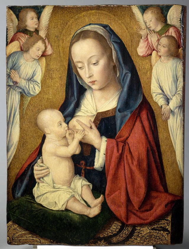 Vierge allaitant l'Enfant entourée d'anges en prière by Jean Hey