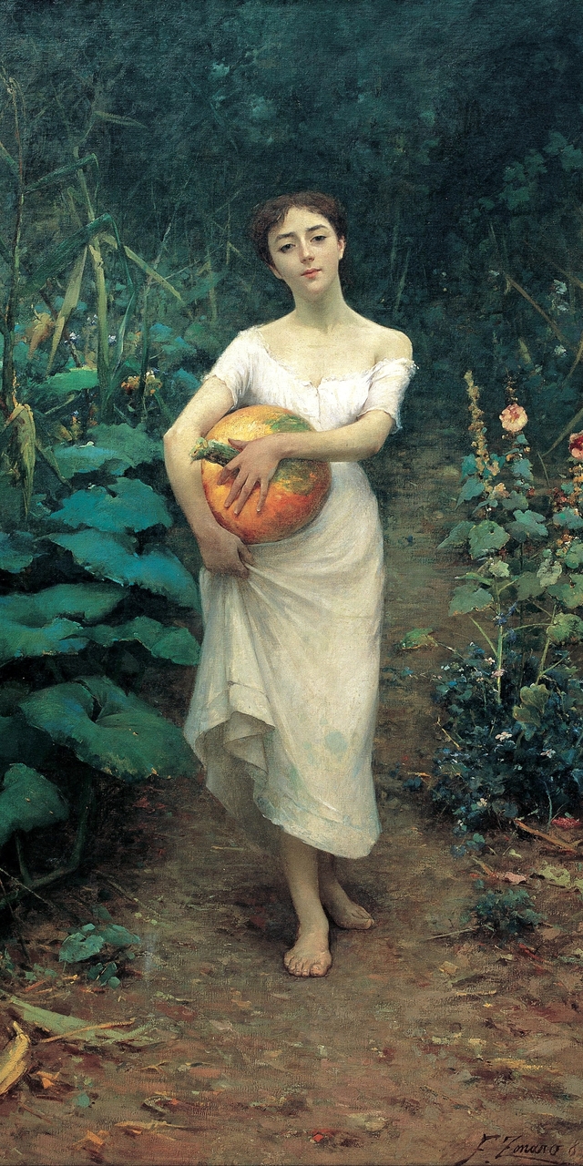Young Girl Carrying a Pumpkin by Fausto Zonaro
