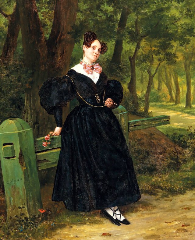 A Lady with Roses and Lorgnette in a Park Landscape (The Rendevouz) by Michel Martin Drolling