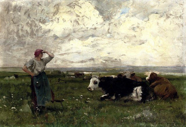 Young farmgirl with cattle by Julien Dupré