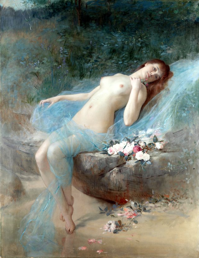 Reclining nude (Une fleur) by Vlaho Bukovac