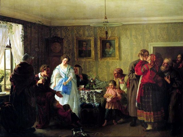 Jungvermählte beim Gutsbesitzer. 1861 by Grigoriy Myasoyedov