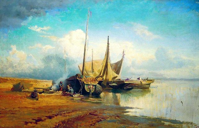 View of the Volga. Barques by Fyodor Vasilyev