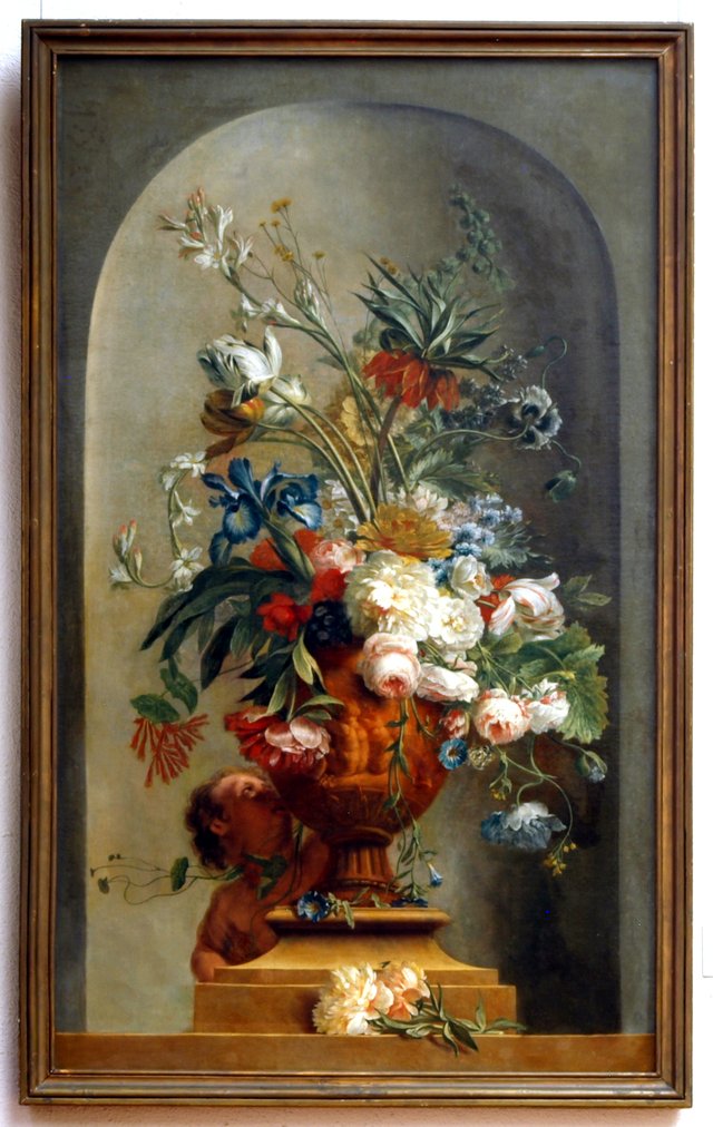 Putti playing with flowers of a garden ornament by Wybrand Hendricks
