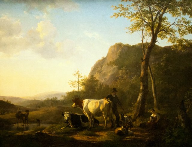 Herder en herderin met vee in berglandschap by Hendrik van de Sande Bakhuyzen