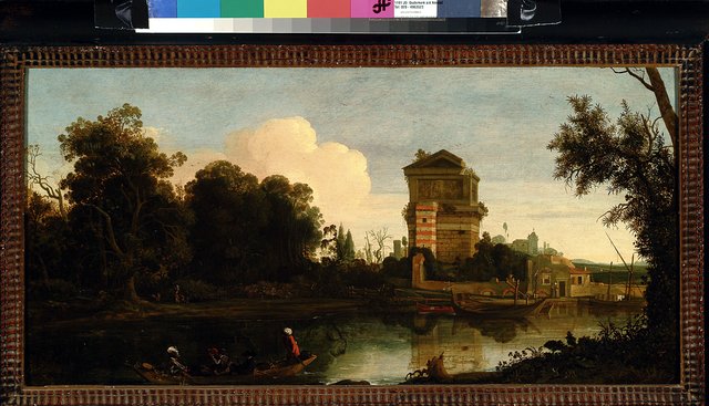River landscape with tomb by Cornelis Vroom