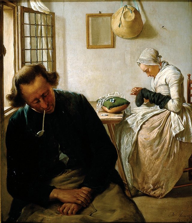 Interior with a Sleeping Man and a Woman Darning Socks by Wybrand Hendricks