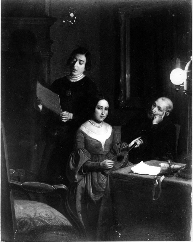 Een oude man luistert naar een jonge man en een meisje die muziek maken by Charles Van Beveren
