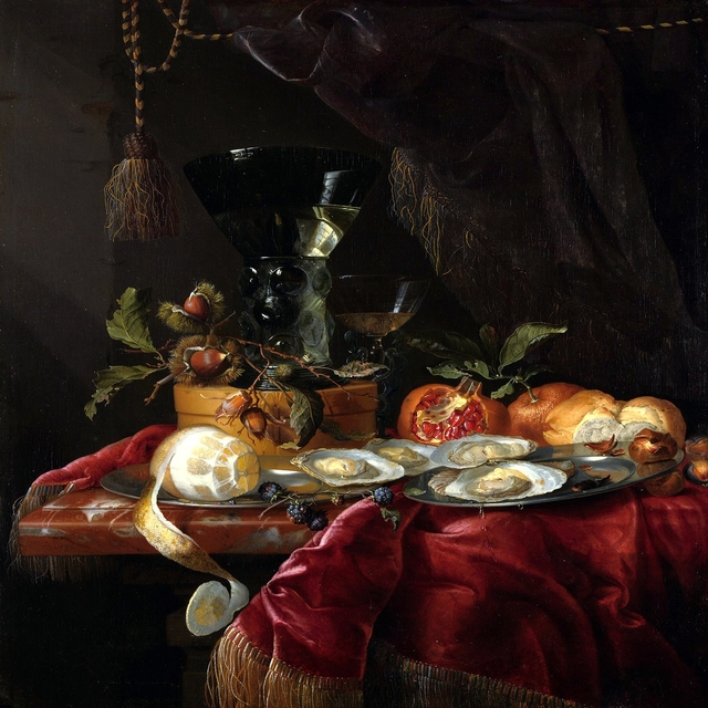Still life with fruit, oysters and a wineglass by Jacob van Walscapelle