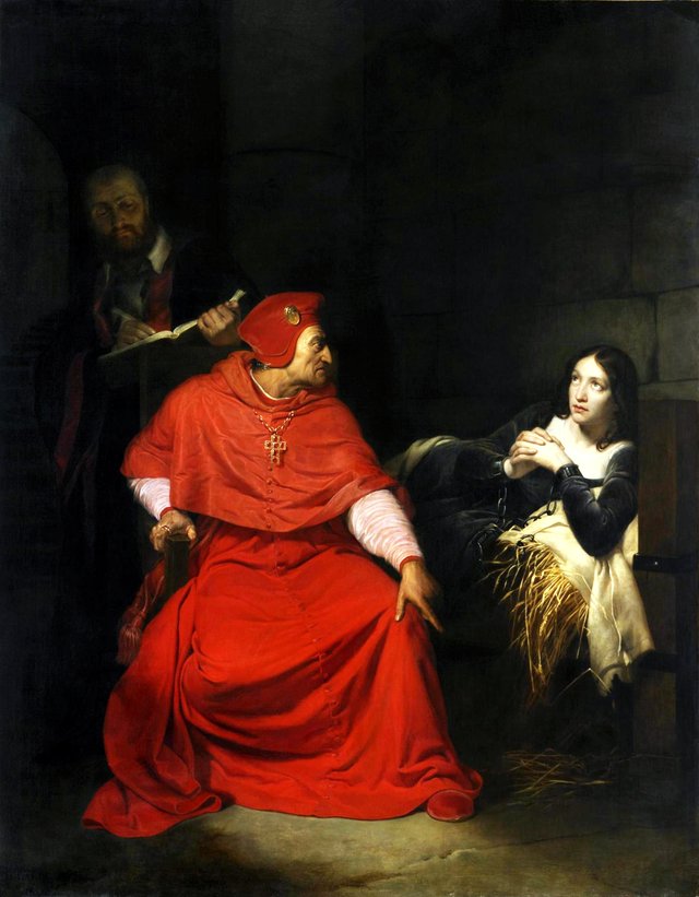 Joan of Arc is interrogated by The Cardinal of Winchester in her prison by Paul Delaroche