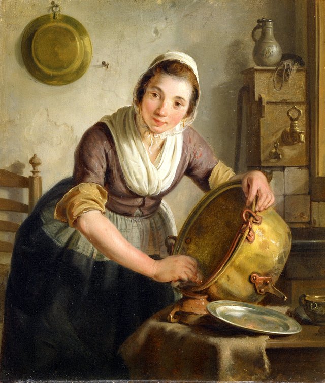 Woman scrubbing a kettle by Adriaan de Lelie