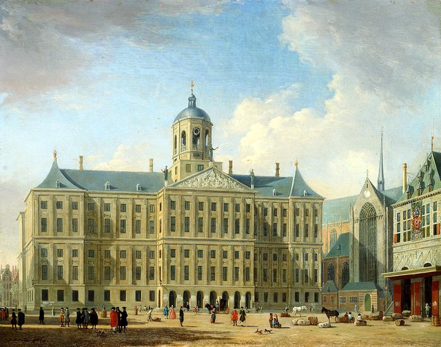Dam Square in Amsterdam with the town hall, the Nieuwe Kerk and the Waag by Jan ten Compe