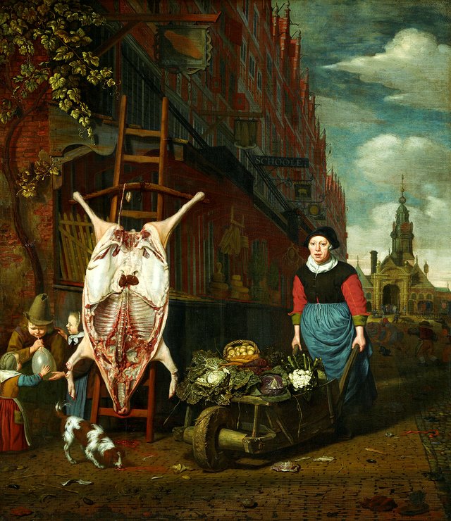 Slaughtered Pig with View of the Haarlemmerpoort by Michiel van Musscher
