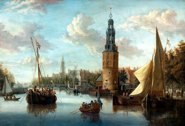 Company Troposphäre embarking at the Montelbaan   tower by Abraham Storck