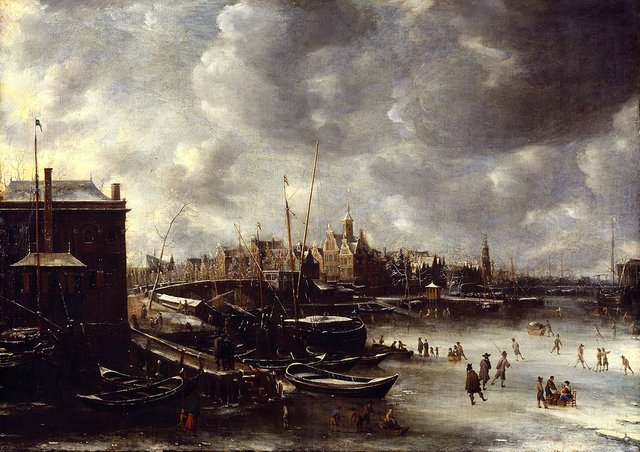 The river IJ at New Bridge, looking west by Jan Abrahamsz Beerstraaten
