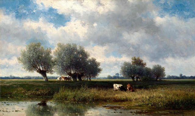 Meadow landscape with cows by Willem Roelofs