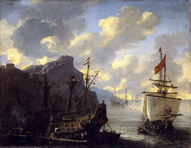 Een Amsterdams schip in een baai aan de Middellandse Zee by Reinier Nooms