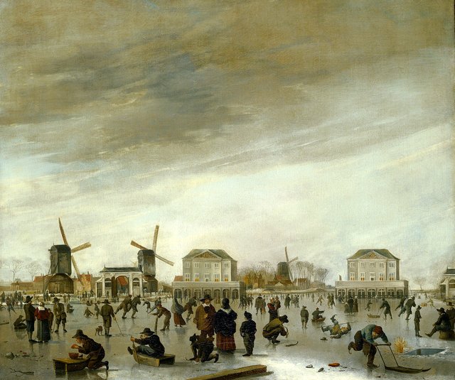 Amsterdam, skating on the Amstel river near the two city defense quarters (called blokhuizen) by Hendrick Dubbels