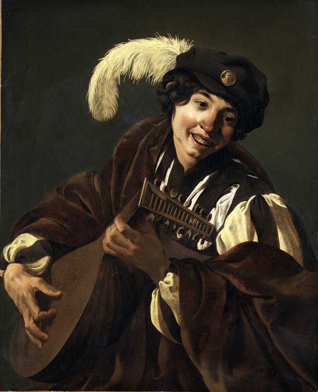 A Boy Playing the Lute ("Hearing", One of a Series of the Five Senses) by Hendrick ter Brugghen