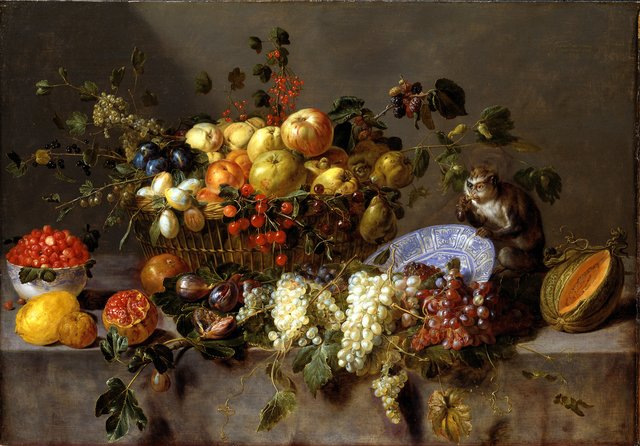 Still Life with Fruit and a Monkey eating Grapes by Adriaen van Utrecht