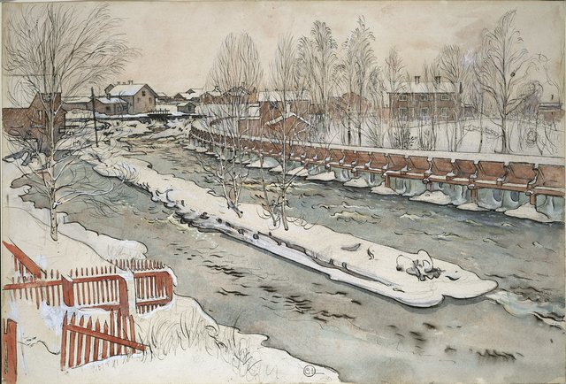 The Timber Chute. Winterscene. From A Home (26 watercolours) by Carl Larsson