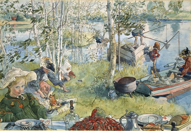 Crayfishing. From A Home (26 watercolours) by Carl Larsson