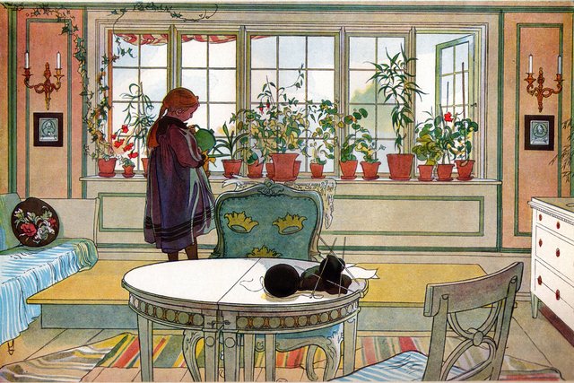 Flowers on the Windowsill. From A Home (26 watercolours) by Carl Larsson