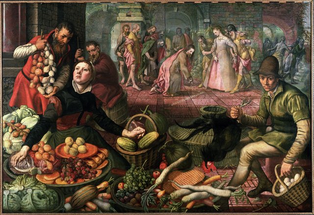 Market scene with Christ and the woman taken in adultery by Pieter Aertsen