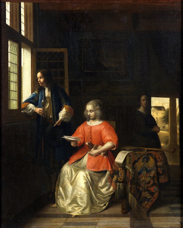 Woman reading a letter and a man at a window by Pieter de Hooch