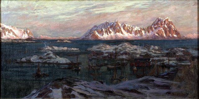 Fishing Harbour with Sunlit Mountains. Study from North Norway by Anna Boberg