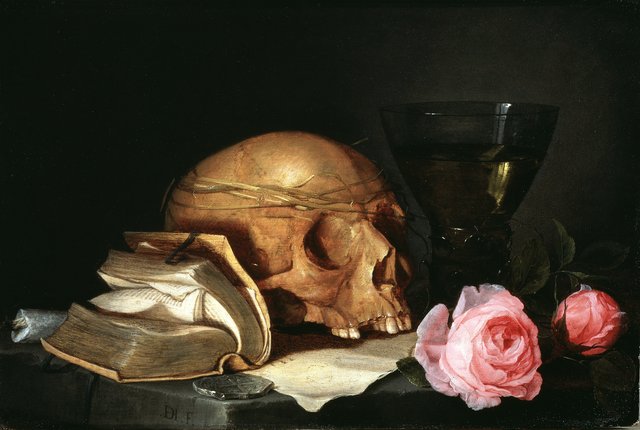 A Vanitas Still-Life with a Skull, a Book and Roses by Jan Davidsz. de Heem