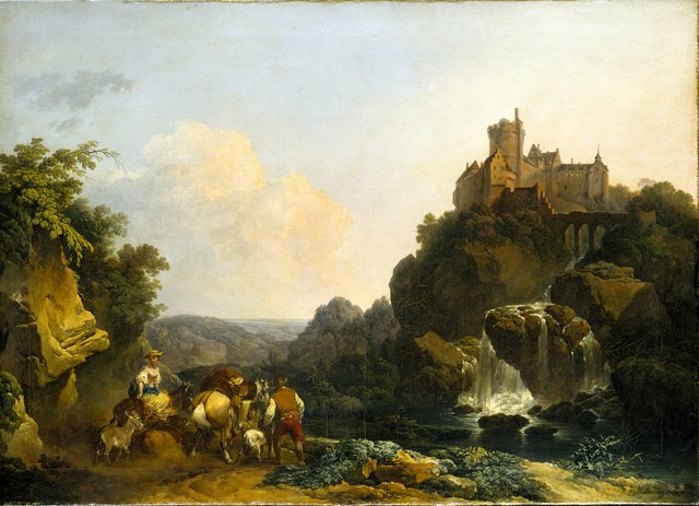 Landscape with Waterfall, Castle and Peasants by Philip James de Loutherbourg