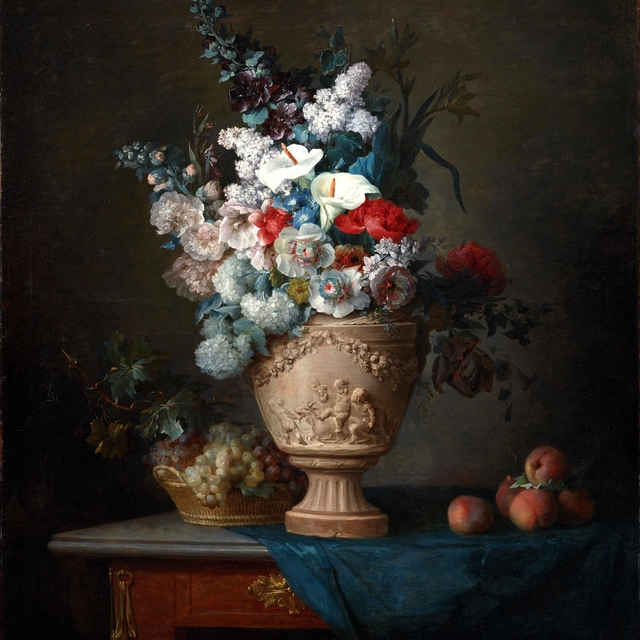 Bouquet of Flowers in a Terracotta Vase with Peaches and Grapes by Anne Vallayer-Coster