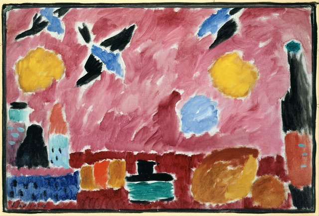 Still Life with Bottle, Bread and red Wallpaper with Swallows by Alexej von Jawlensky