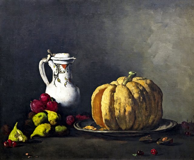 Still Life with Pumpkin, Plums, Cherries, Figs and Jug by Augustin Théodule Ribot