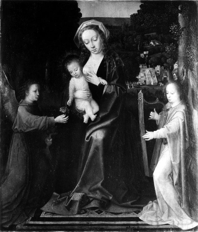 Virgin and Child with Two Angels in a Landscape by Adriaen Isenbrandt