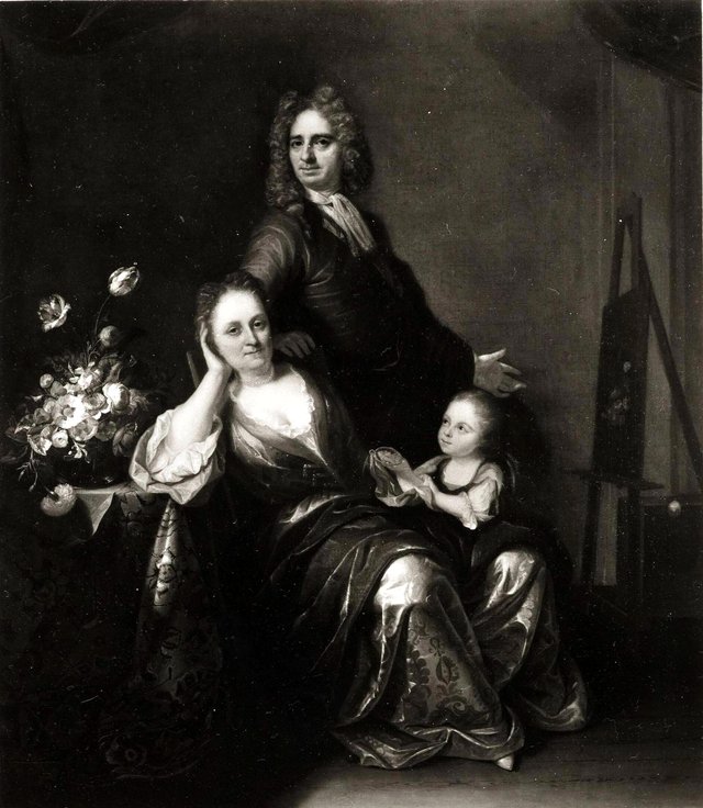 Family portrait with flower still-life in the making by Rachel Ruysch