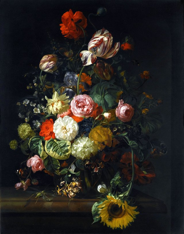 Still life of roses, tulips, a sunflower and other flowers in a glass vase with a bee, butterfly and other insects upon a marble ledge by Rachel Ruysch