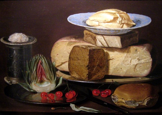 Still life with cheese, artichoke and cherries by Clara Peeters