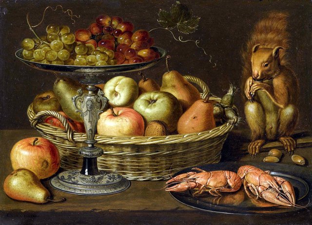 Still-life with grapes on a tazza, a basket of fruit, two crayfish on a plate and a squirrel by Clara Peeters