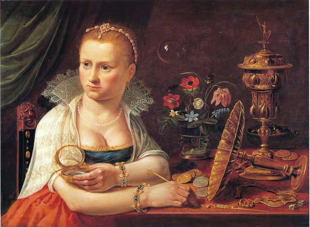 Possibly self-portrait of Clara Peeters, seated at a table with precious objects, ca. 1618 by Clara Peeters