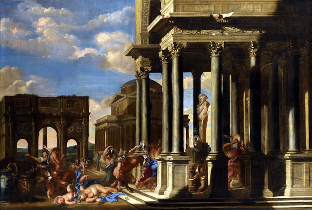 An Architectural Capriccio with a Bacchanalian Procession. by Giovanni Benedetto Castiglione