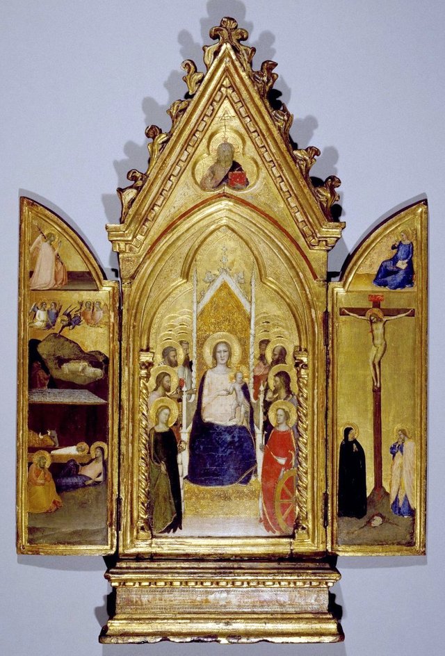 Triptych: Madonna with Saints and Christ Blessing (Center); The Nativity and the Annunciate Angel (Left Wing); Crucifixion and the Virgin Annunciate (Right Wing) by Maso di Banco